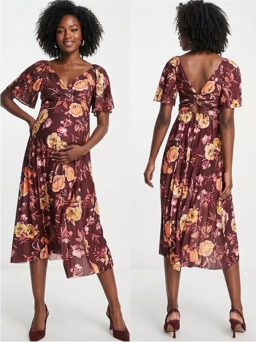 NWT ASOS DESIGN Maternity Pleated Twist Back Midi Dress Plum Floral US 6 Small